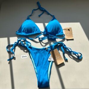 Berlook Bikini Set Blue Reversible Halter Top Tie Bottom Medium New Swimwear